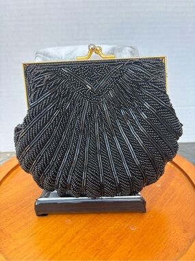 Black Beaded 1920’s Gatsby style Clutch with Gold Frame
